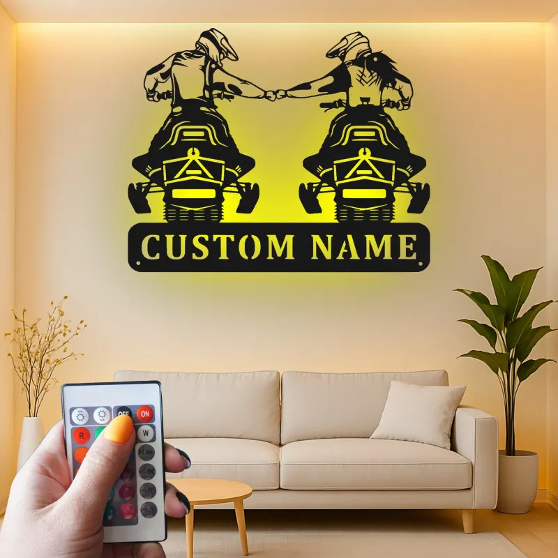 Décoration murale en métal personnalisée pour couple de motards avec rétroéclairage LED - Cadeau de motard pour couples, décoration de garage ou de man cave