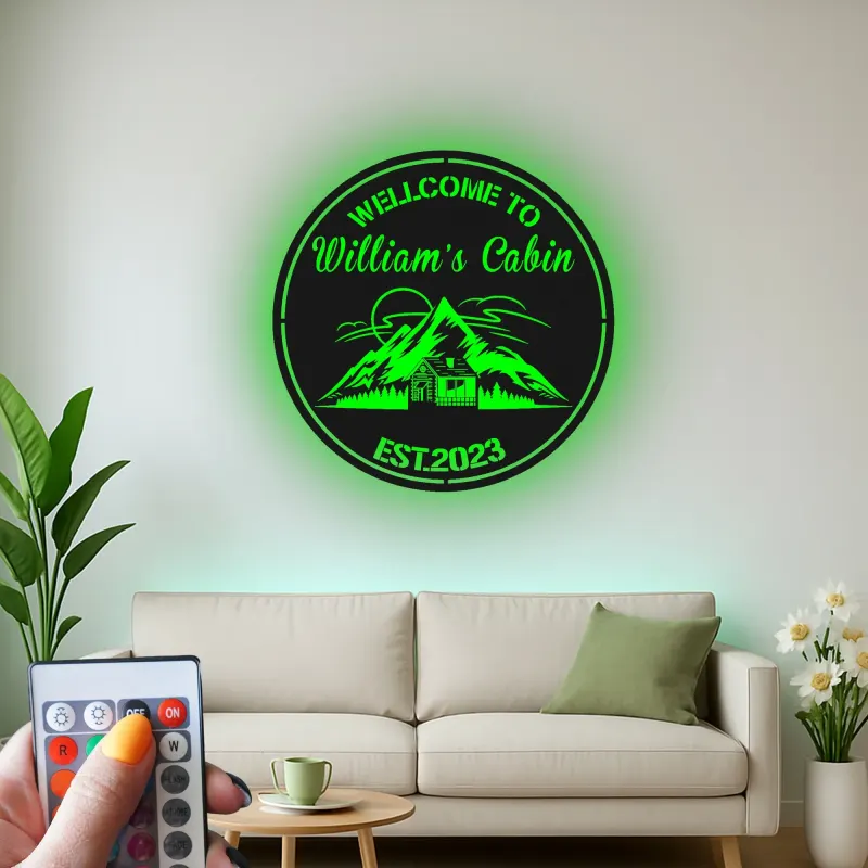 Custom Mountain Cabin Led Light Metal Wall Art Personalized Housewarming Gift Rustic Cabin Decor