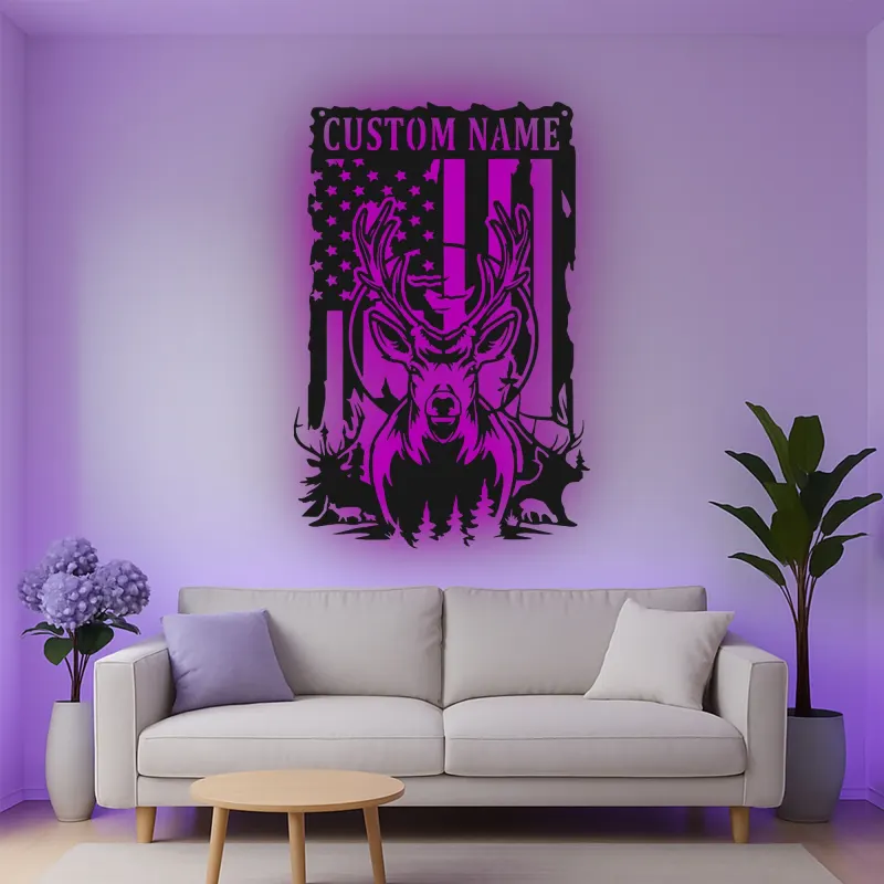 Cartel de metal personalizado con ciervo y bandera americana con luz LED, regalo para cazadores, decoración rústica para cabañas