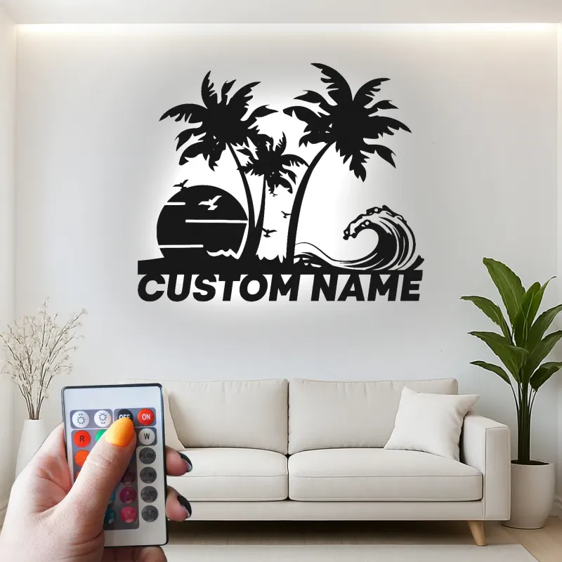 Insegna in metallo personalizzata con luce LED per scena di spiaggia - Regalo costiero personalizzato per amanti della spiaggia e decorazione tropicale