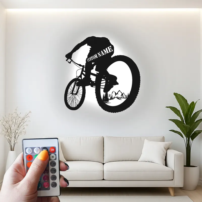 Insegna in Metallo per Mountain Biker Personalizzata | Arte da Parete LED per Ciclisti | Regalo per MTB e Decorazione Garage