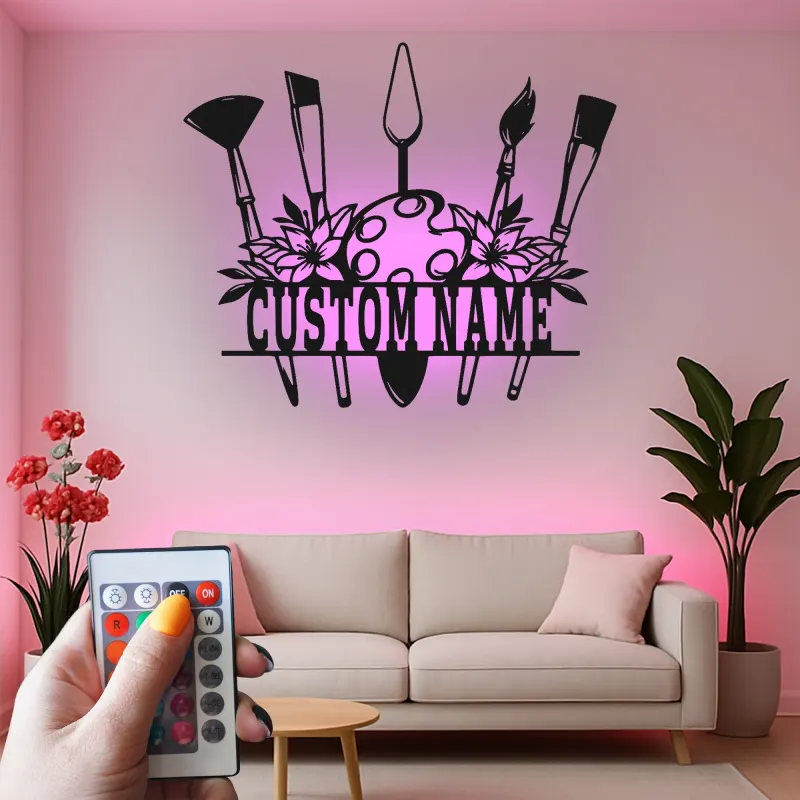 Insegna in metallo personalizzata con luce LED a forma di tavolozza per artisti regalo personalizzato per pittori, decorazione per studio o sala d'arte