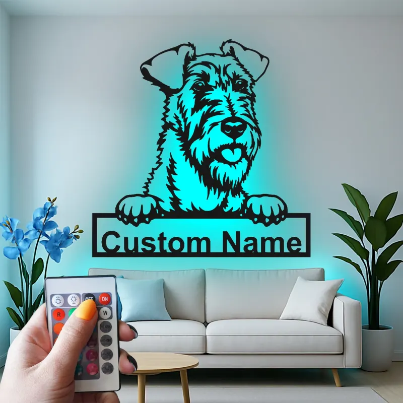 Décoration murale en métal LED personnalisée en forme de terrier Airedale - Cadeau pour les amoureux des chiens - Décor pour le salon