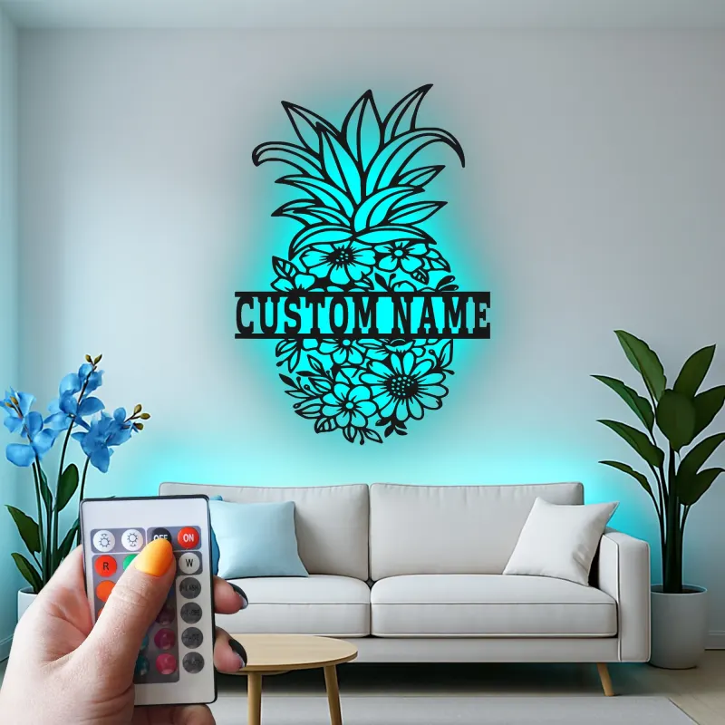 Insegna in metallo a forma di ananas personalizzata con LED | Arte murale floreale su misura | Decorazione tropicale per cucina e patio | Regalo originale per la nuova casa