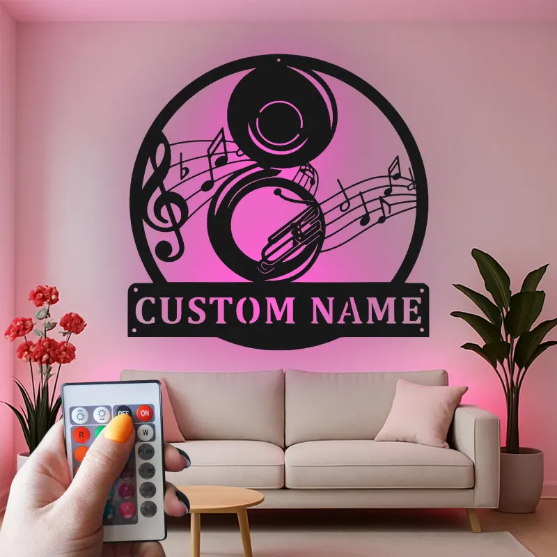 Panneau en métal LED personnalisé pour musicien | Art mural personnalisé de tuba | Décoration de notes de jazz pour studio et bar à domicile | Cadeau pour musicien