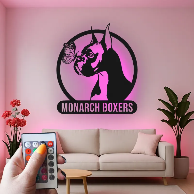 Insegna in metallo personalizzata con cane Boxer e farfalla luce LED regalo unico per amanti dei cani decorazione per soggiorno