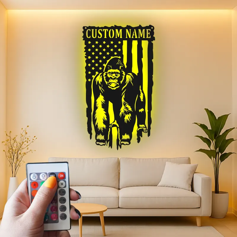 Panneau en métal personnalisé gorille | Décoration murale LED drapeau américain | Déco personnalisée pour man cave | Cadeau pour amoureux de la faune