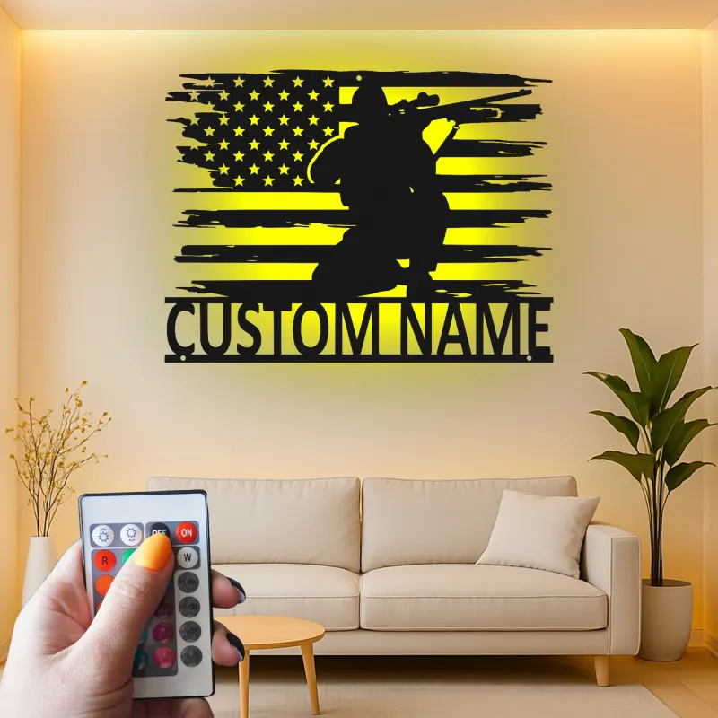 Personalized Sniper Metal Sign | LED American Flag Wall Art | Custom Military Decor for Veteran | Patriotic Man Cave Gift