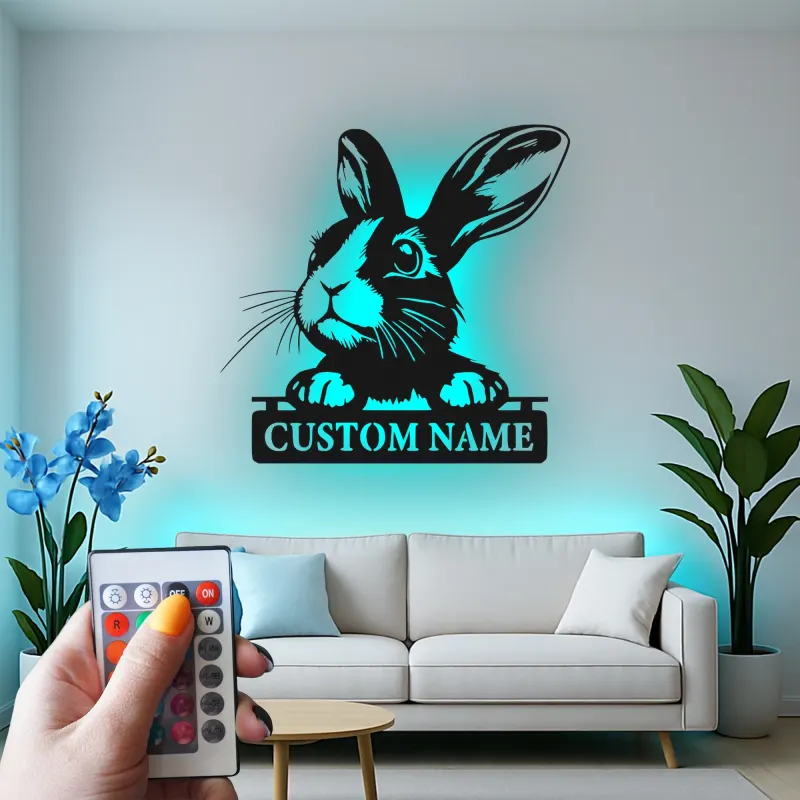 Insegna in metallo personalizzata con luce LED a forma di coniglio per amanti degli animali, regalo per asilo nido o decorazione per camera dei bambini