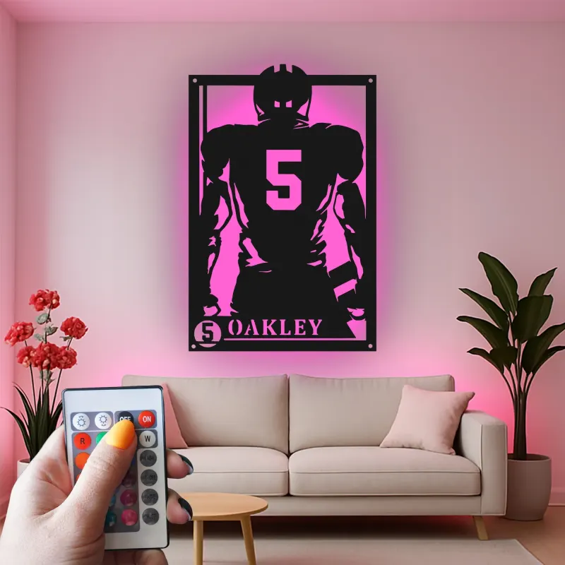 Cartel LED personalizado de jugador de fútbol americano | Arte mural de metal personalizado | Decoración para habitación juvenil | Regalo para aficionados al deporte con nombre y número