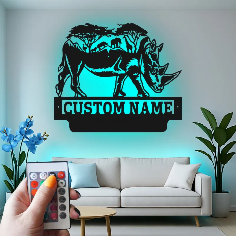 Custom Rhino Safari Led Light Metal Wall Art Personalized Wildlife Gift Living Room or Office Decor 1