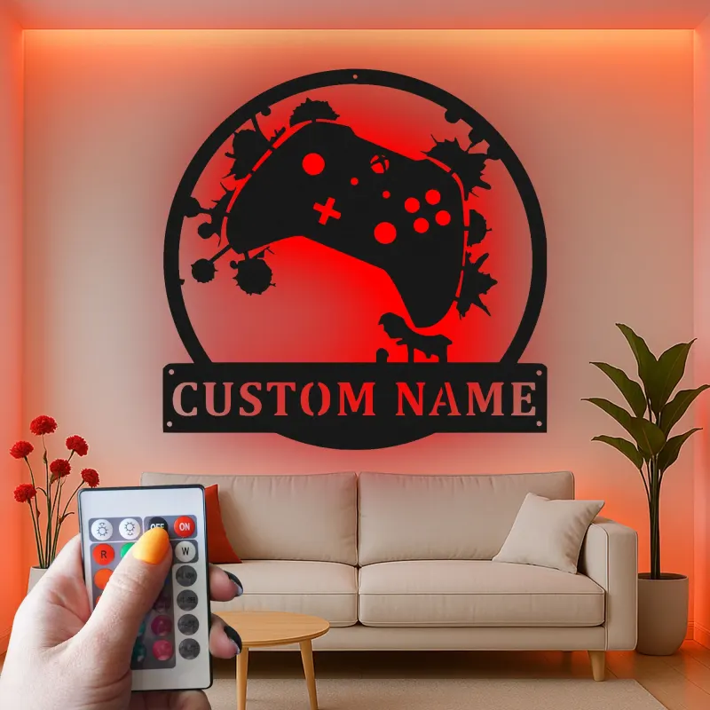 Insegna gamer personalizzata | Insegna LED in metallo personalizzata | Decorazione per sala giochi per ragazzi e uomini | Targa luminosa con controller e nome