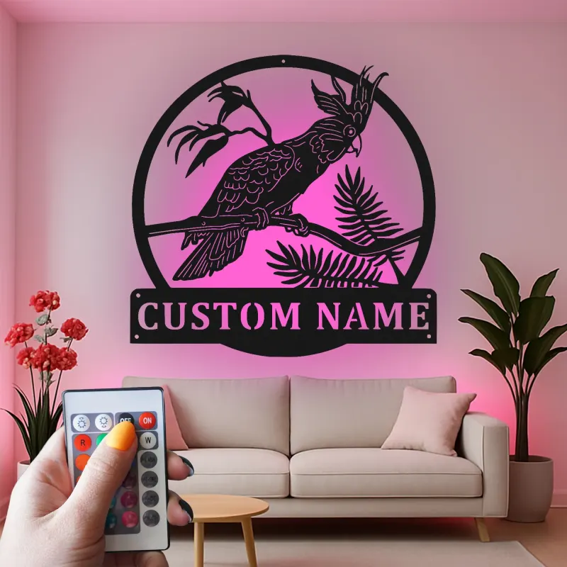 Cartel de metal personalizado de Cockatoo con luz LED Regalo para amante de aves Decoración de sala de estar o patio