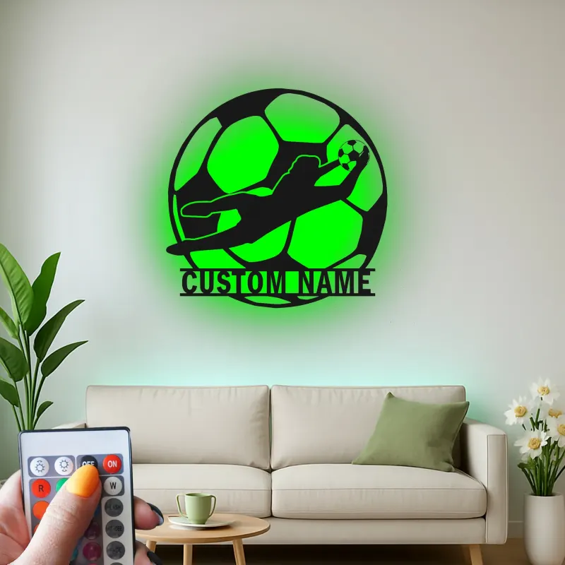 Letrero metálico personalizado de portero | Arte mural LED de fútbol | Decoración con nombre a medida para habitación del jugador | Regalo para aficionados al deporte