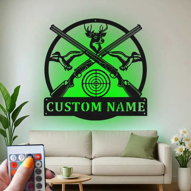 Panneau LED de chasse personnalisé | Décoration murale en métal cerf et fusil | Décor rustique pour man cave | Cadeau unique pour chasseurs