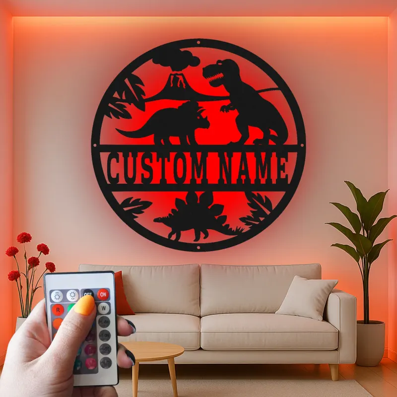 Insegna in metallo LED personalizzata con dinosauro per decorare la stanza dei bambini, regalo per la nursery per amanti dei dinosauri
