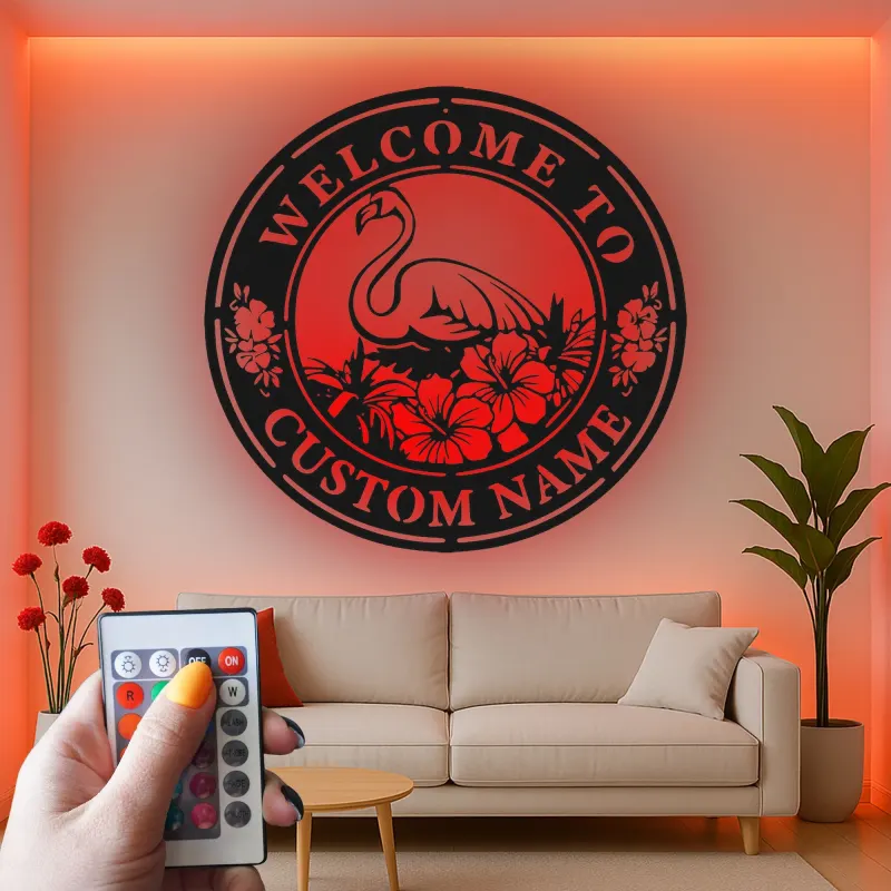 Individuelles Flamingo LED Schild | Personalisierte Metall Wandkunst | Tropische Hibiskus Willkommensdekoration für Terrasse & Außenbereich | Einweihungsgeschenk Idee