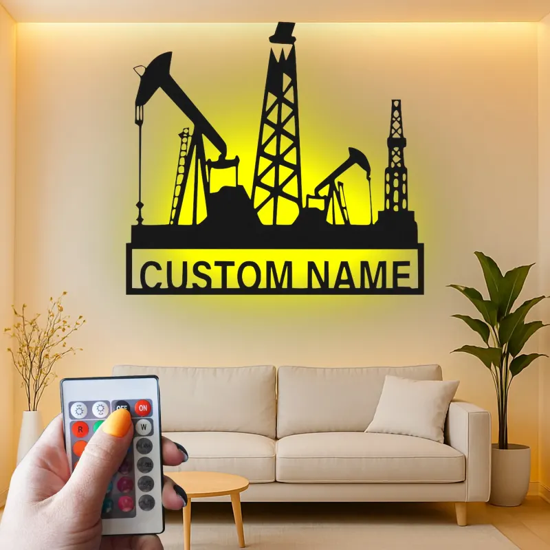 Oil Rig LED Metal Wall Art | Custom Oilfield Name Sign for Office | Industrial Drilling Decor Gift for Engineer