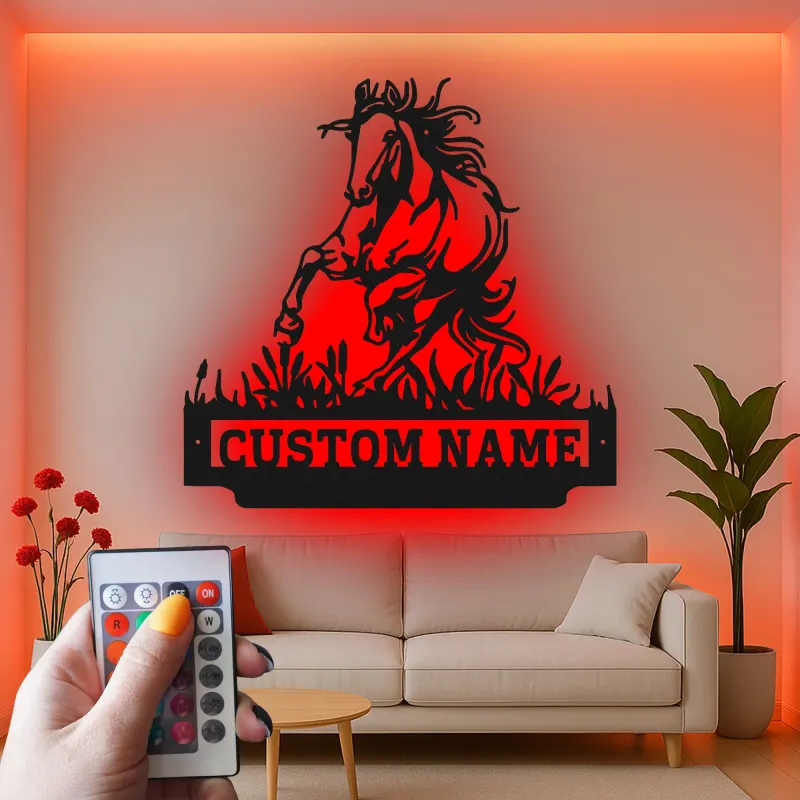 Custom Horse Metal Sign with LED | Personalized Equestrian Wall Art | Ranch Decor & Horse Lover Gift | Backlit Metal Signage