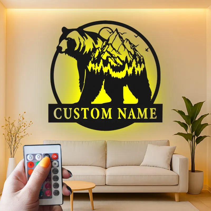 Cartel de metal personalizado con luz LED de oso y montaña, regalo para amantes de la naturaleza, decoración de cabaña o refugio
