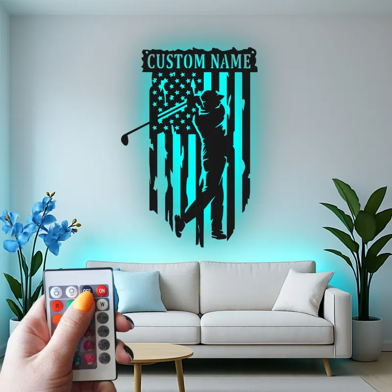 Enseigne en métal personnalisée pour golfeur | Décoration murale drapeau américain | Décor LED de golf pour man cave | Cadeau patriotique pour lui