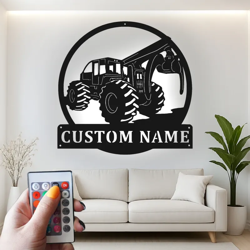 Cartel de metal personalizado para skidder | Arte mural de metal LED para cabaña | Regalo personalizado para leñadores y decoración forestal