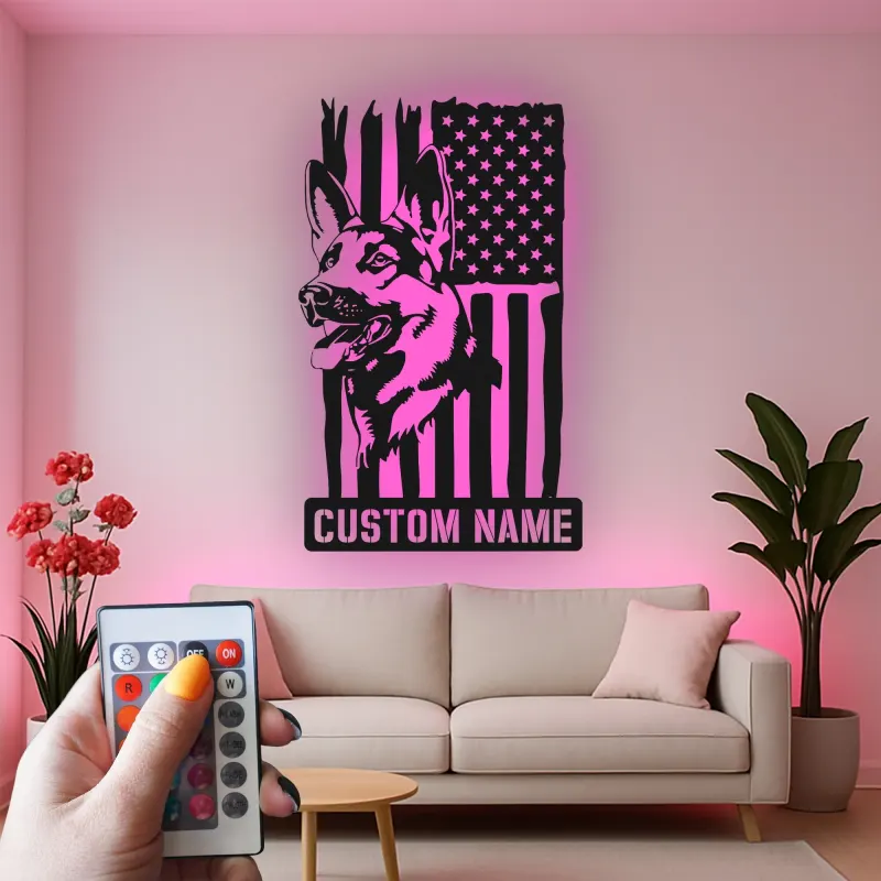 Arte murale LED in metallo con Pastore Tedesco | Insegna personalizzata con nome del cane | Decorazione patriottica con bandiera americana per casa o ufficio