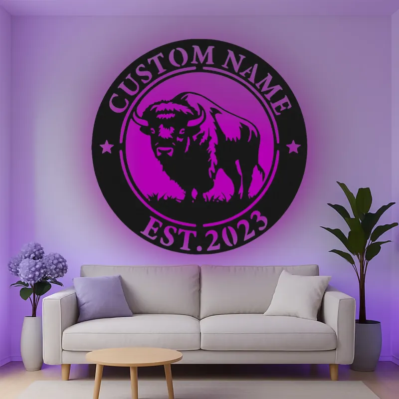 Insegna in metallo LED personalizzata con bufalo, regalo per ranch, decorazione rustica per soggiorno