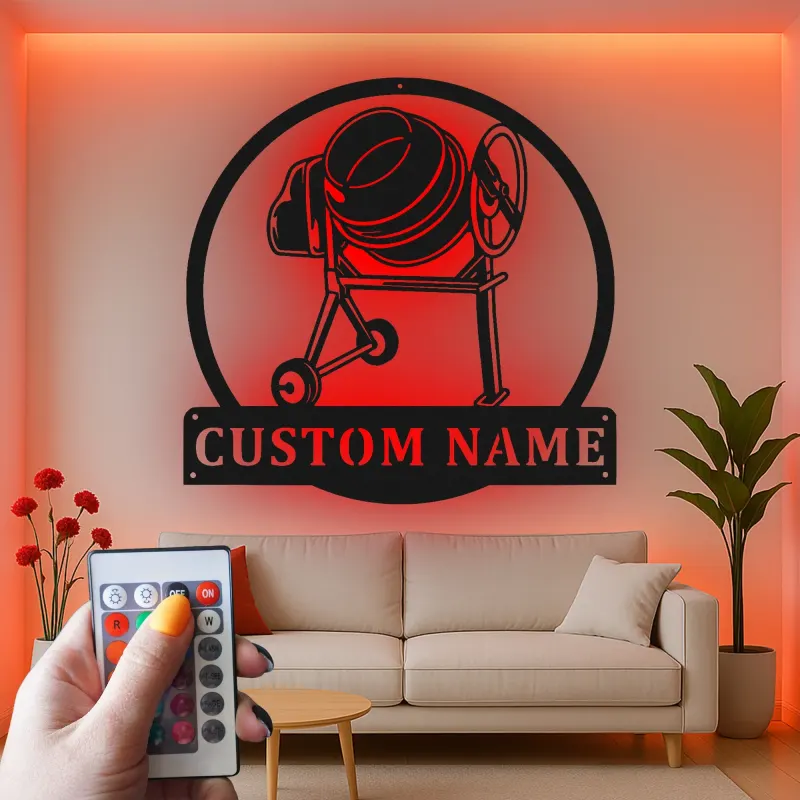 Personalisierte Betonmischer-LED-Metall-Wandkunst – Geschenk für Bauarbeiter, Deko für Garage oder Werkstatt