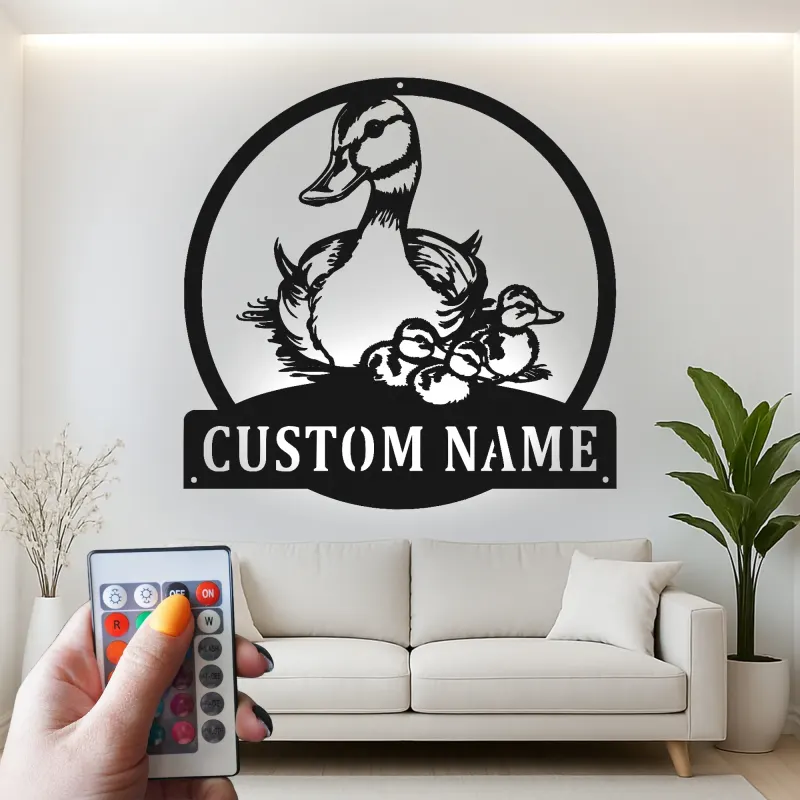 Cartel de metal personalizado con familia de patos y luz LED, regalo personalizado para amantes de la naturaleza, decoración para guardería o salón