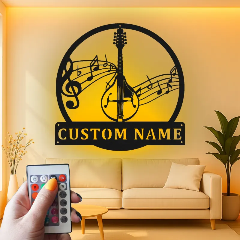 Panneau en métal personnalisé pour mandoline | Plaque de musicien sur mesure avec rétroéclairage | Décoration murale pour studio de musique | Cadeau pour musicien