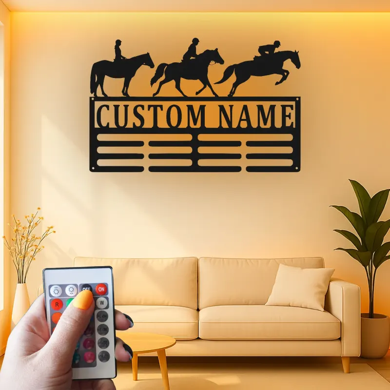 Décoration murale en métal personnalisée pour cavalier équestre avec rétroéclairage LED - Cadeau pour les amoureux des chevaux, décoration de stabulation ou de sellerie