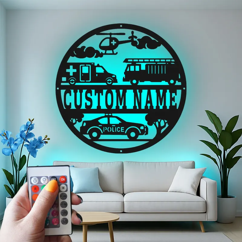 Cartel LED de Primeros Respondedores | Arte Mural de Metal Personalizado | Regalo para Policía, Bombero, EMT Héroe | Decoración para Hogar y Oficina