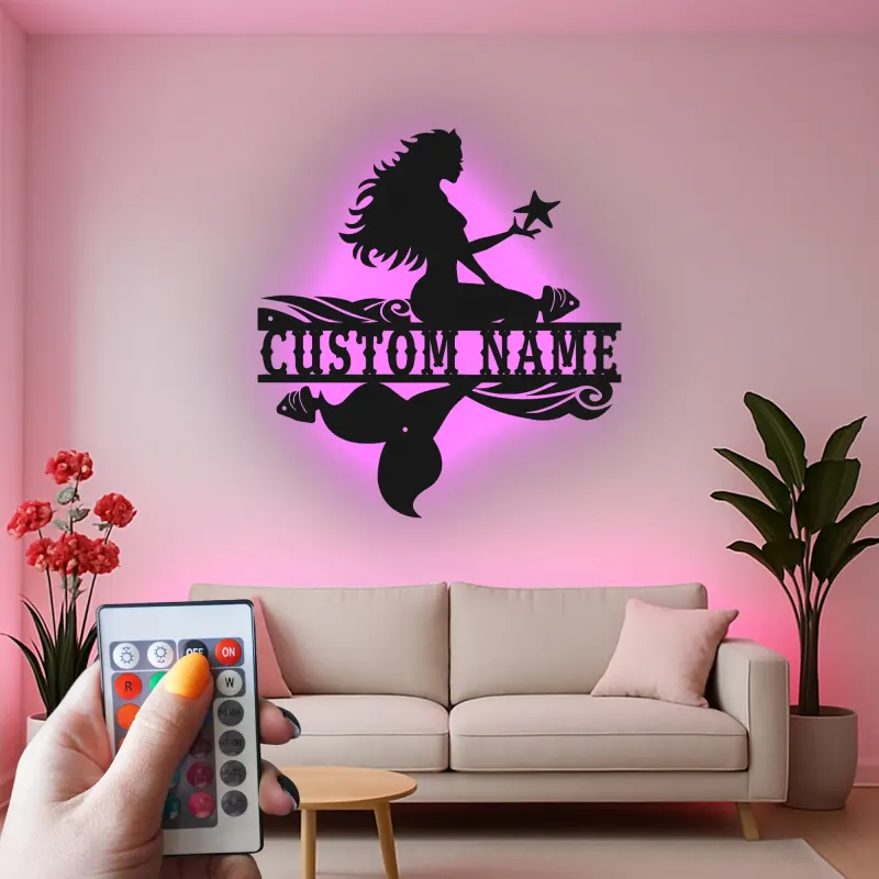 Panneau de sirène personnalisé | Lumière LED personnalisée | Décoration murale en métal pour chambre de fille | Décor de nursery nautique