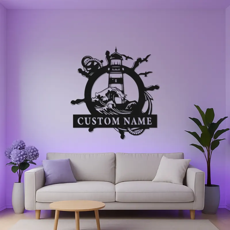 Insegna in metallo personalizzata Faro | Arte murale nautica LED | Decorazione per casa al mare personalizzata | Regalo per marinai e accento per casa costiera