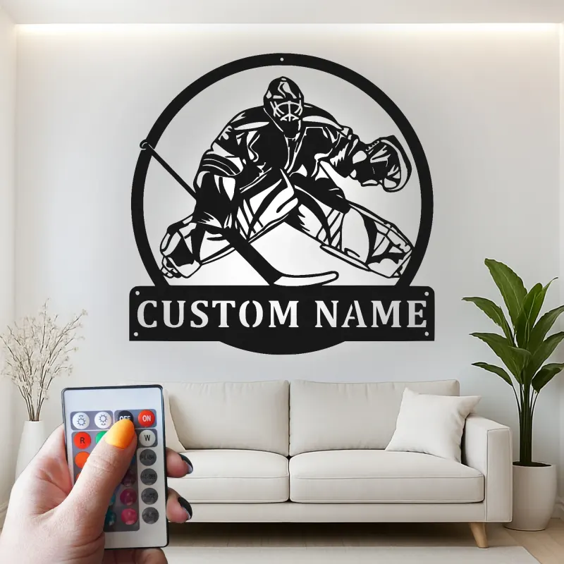 Insegna LED Personalizzata per Portiere di Hockey | Insegna in Metallo per Stanza da Gioco | Regalo per Giocatori di Hockey | Decorazione per Man Cave