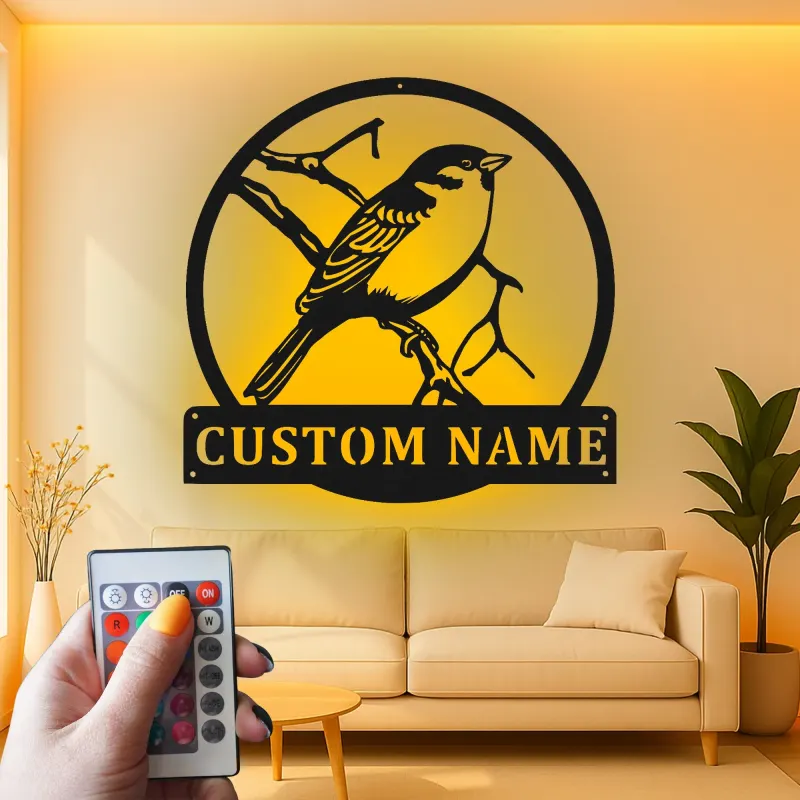 Custom Bird on Branch Led Light Metal Wall Art Personalized Gift for Nature Lovers Living Room or Garden Decor