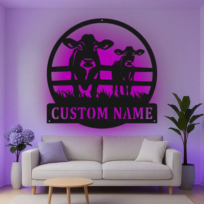 Custom Cow and Calf Led Light Metal Wall Art Farmhouse Gift for Farmers Rustic Kitchen or Barn Decor