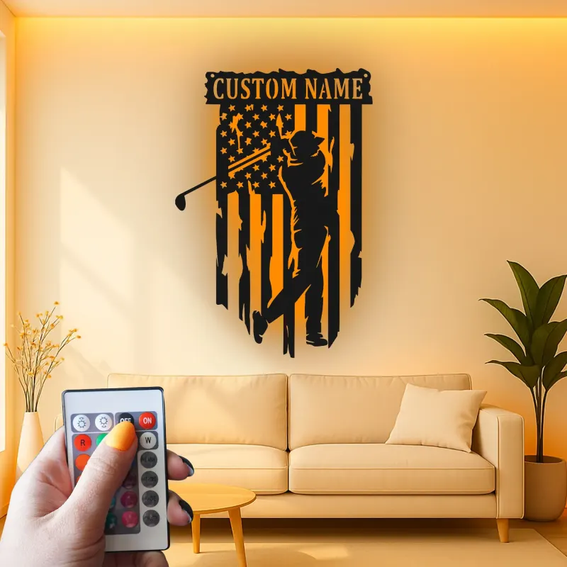 Enseigne en métal personnalisée pour golfeur | Décoration murale drapeau américain | Décor LED de golf pour man cave | Cadeau patriotique pour lui