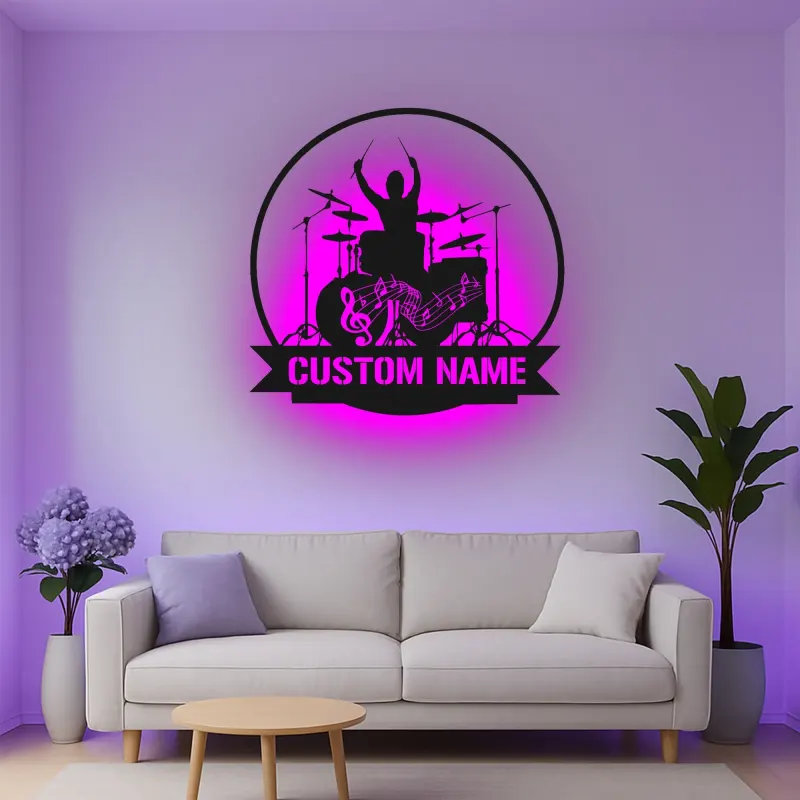Décoration murale en métal LED personnalisée pour batteur - Cadeau musicien pour salle de musique