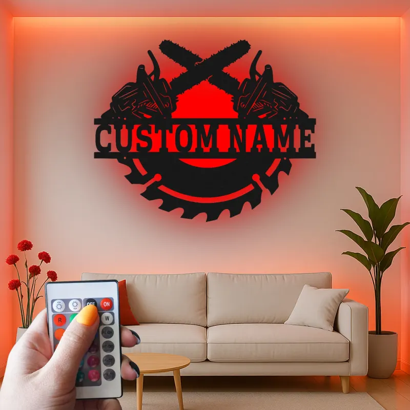 Insegna in metallo personalizzata con luce LED a forma di motosega e lama di sega, regalo unico per falegnami