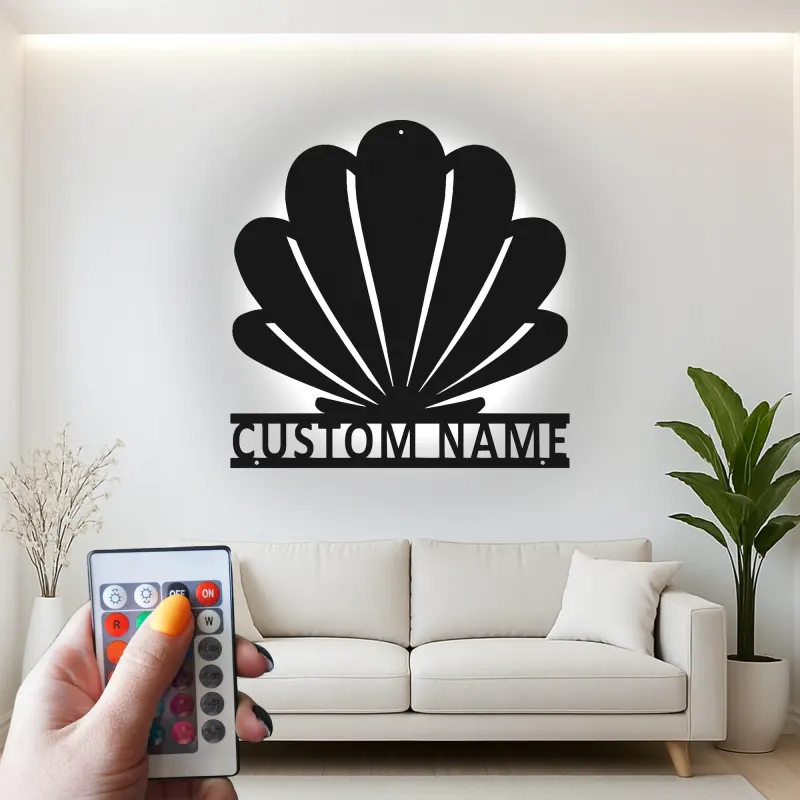 Art Murale en Métal Coquille Saint-Jacques | Décor Personnalisé Maison de Plage | Panneau de Nom Nautique Personnalisé avec LED