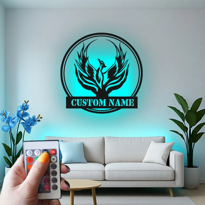 Phoenix Rising LED Metal Wall Art | Custom Name Firebird Sign | Mythical Home & Office Decor | Personalized Fantasy Lover Gift