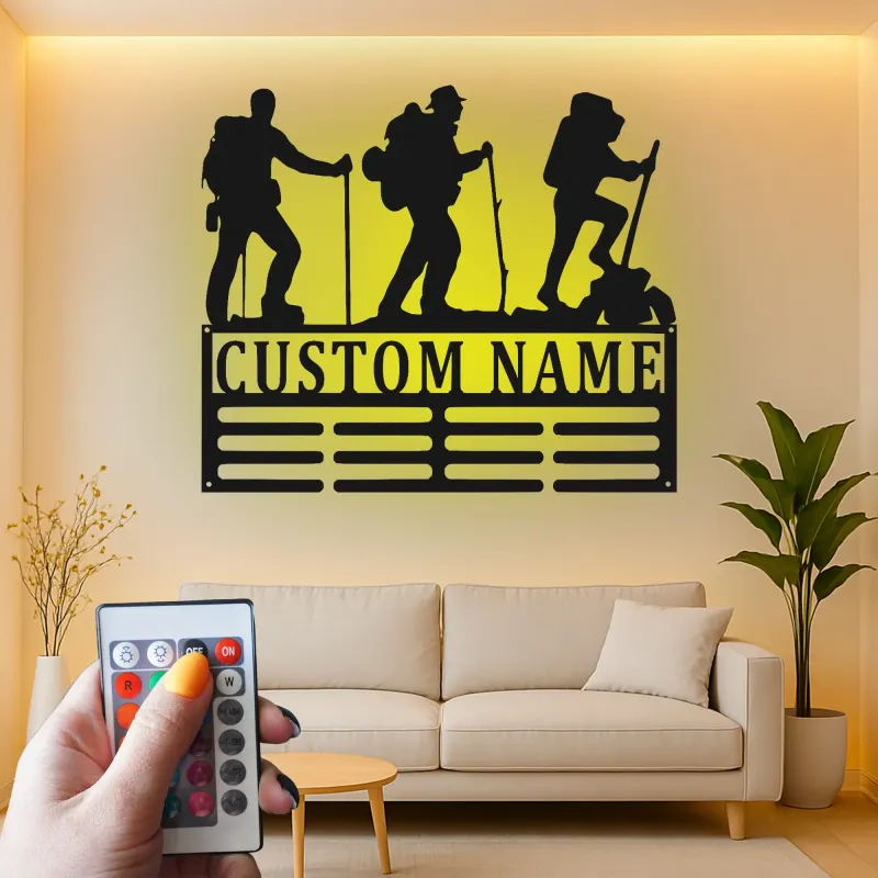 Custom Hiker LED Metal Art | Personalized Name Sign for Cabin Decor | Outdoor Enthusiast Gift