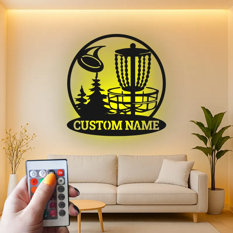 Décoration murale en métal LED personnalisée pour panier de disc golf - Cadeau pour les golfeurs