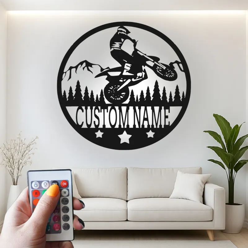 Cartel de metal LED personalizado de piloto de motocross regalo para entusiastas de motos de cross decoración de garaje o cueva de hombre 1