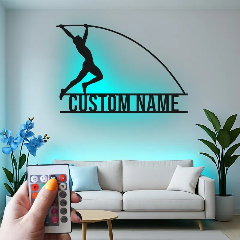Letrero LED personalizado de salto con pértiga | Arte mural de metal de atletismo | Decoración de nombre personalizado para atletas | Regalo deportivo para entrenadores