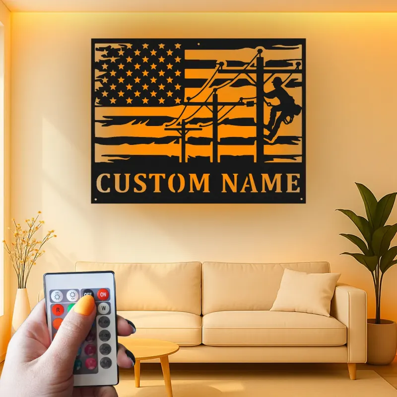 Cartel de metal personalizado para liniero | Arte LED con bandera americana personalizada | Regalo para electricista y decoración patriótica para trabajador de servicios públicos