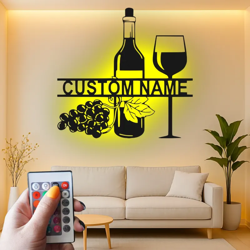 Personalisierte LED-beleuchtete Metall-Wandkunst mit Weinflasche und Glas – Geschenk für Weinliebhaber für Küche oder Bar