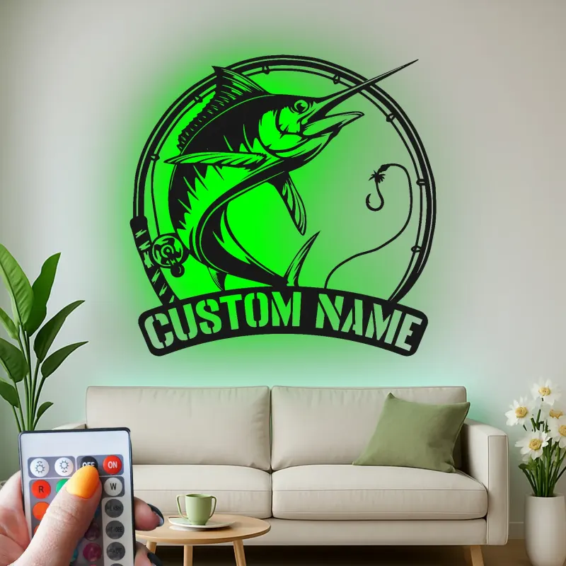 Décoration murale en métal Marlin Fish avec LED | Cadeau personnalisé pour pêcheur | Décor nautique pour man cave | Enseigne de pêche sportive